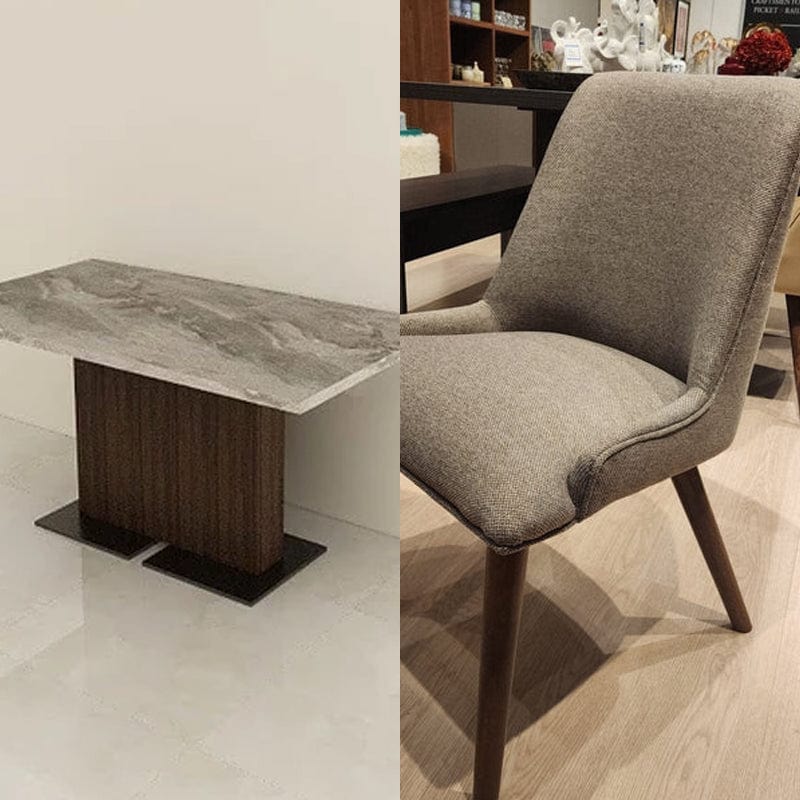 Dining Set Bundle - 6-Seater 1.6m Custom Textured-Top Pedestal Dining Table + 6 Fabric-Upholstered Americana Dining Chairs picket and rail