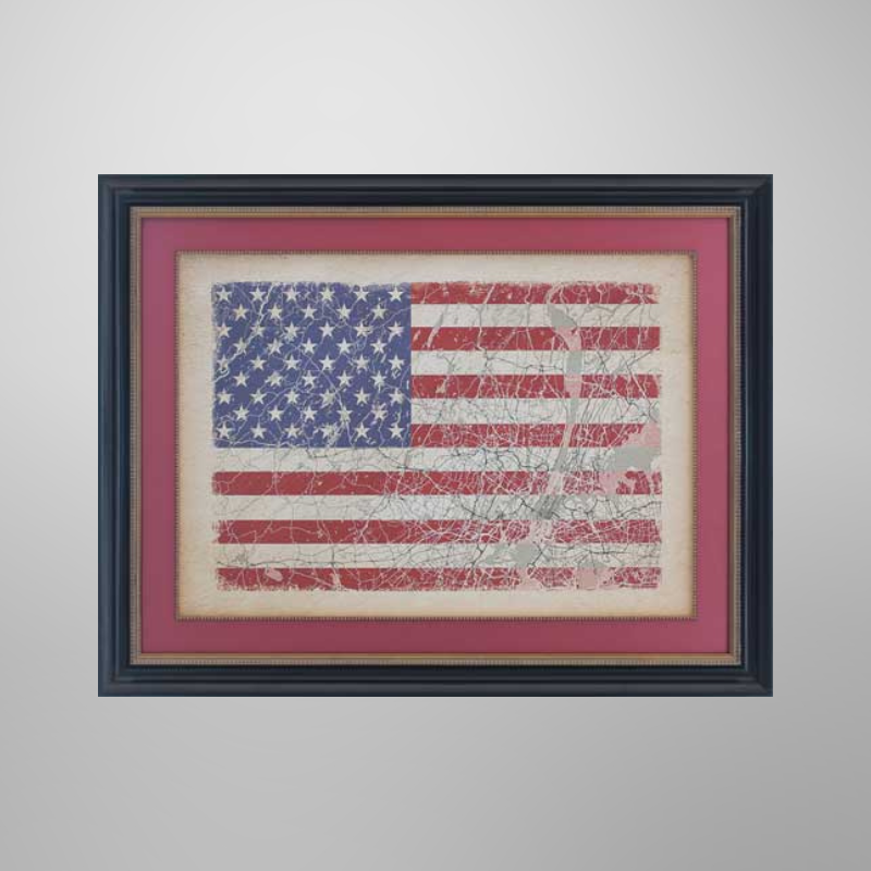 Jia Hui Li “Flag & Map III" | Licensed Art Print | Framed Art | Lithograph | Retro Realistic picket and rail
