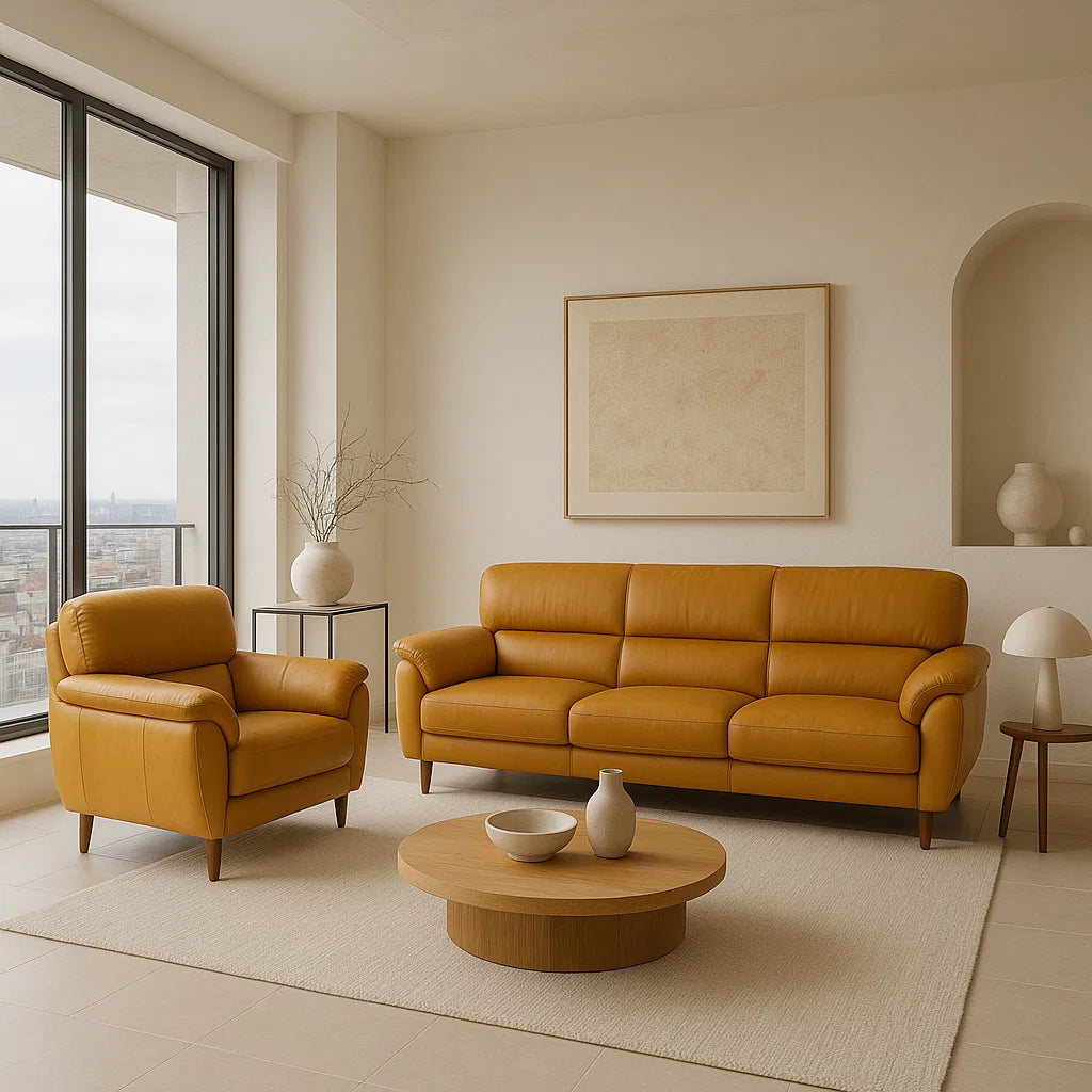 KUKA #5371 Top Grain 3-Seater Highback Leather Sofa (Color: Sunset Orange) picket and rail