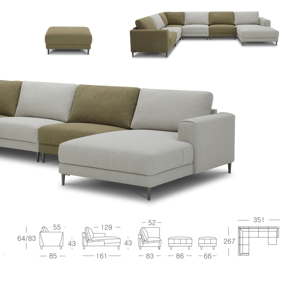 KUKA #KF.2179B Modular Fabric Sofa (Fabric C) (I) picket and rail