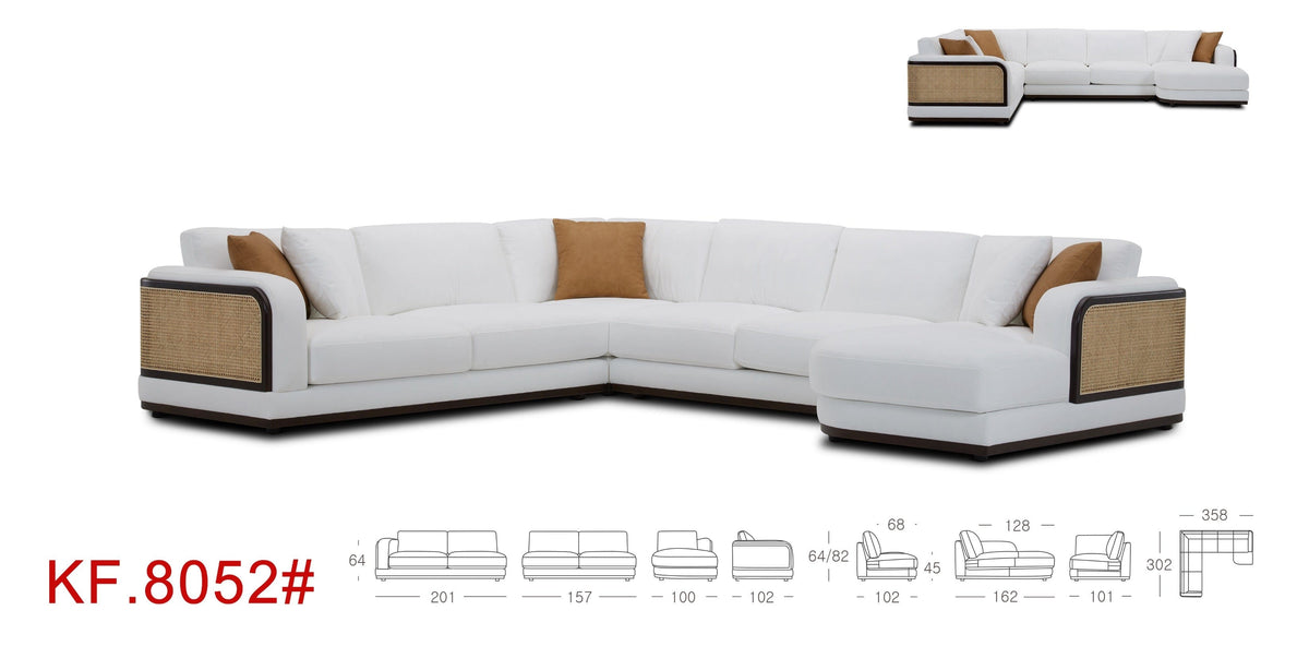 KUKA #KF.8052 Fabric Modular L-Shaped Sofa with Rattan Weave (I) picket and rail