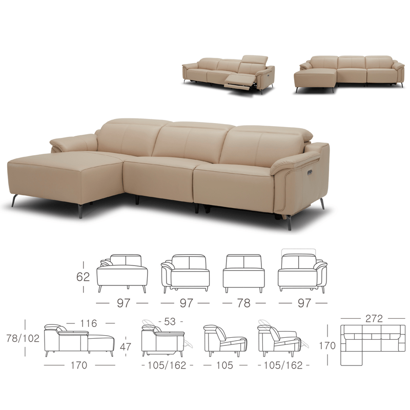 KUKA KM.5120 L Shape Leather Electrical Recliner Sofa Col: NL5103/SP-LAF (TG) picket and rail