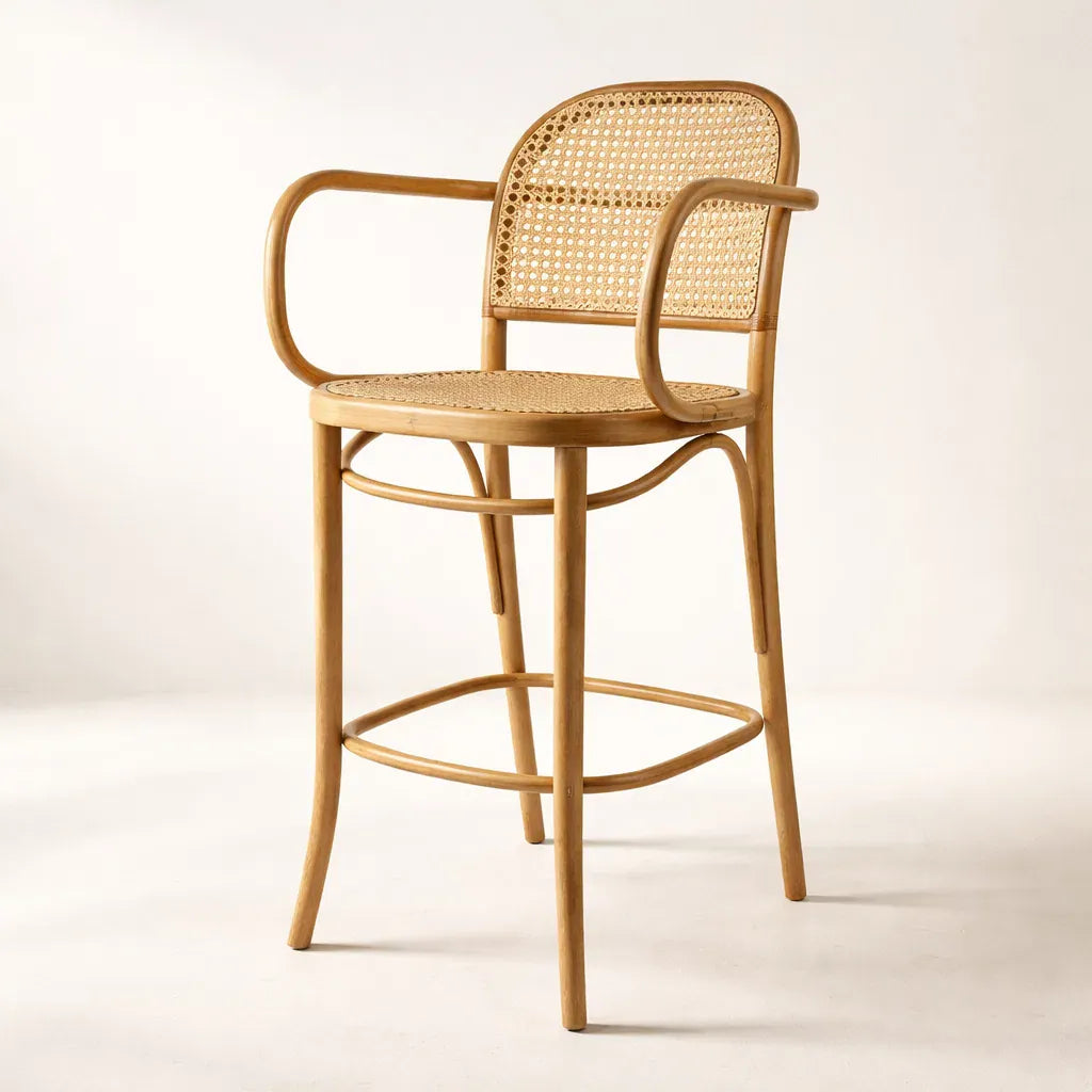 Kyoto Bar Chair with Arm (BS81B) Vintage Woven Cane Solid Wood American Beech Bentwood Chair - Walnut/Oak/Black picket and rail