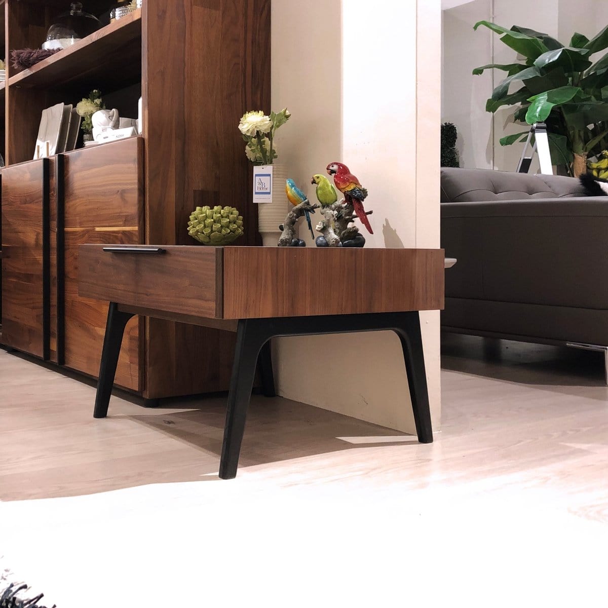 Louisa 1-Drawer Side Table in American Walnut picket and rail