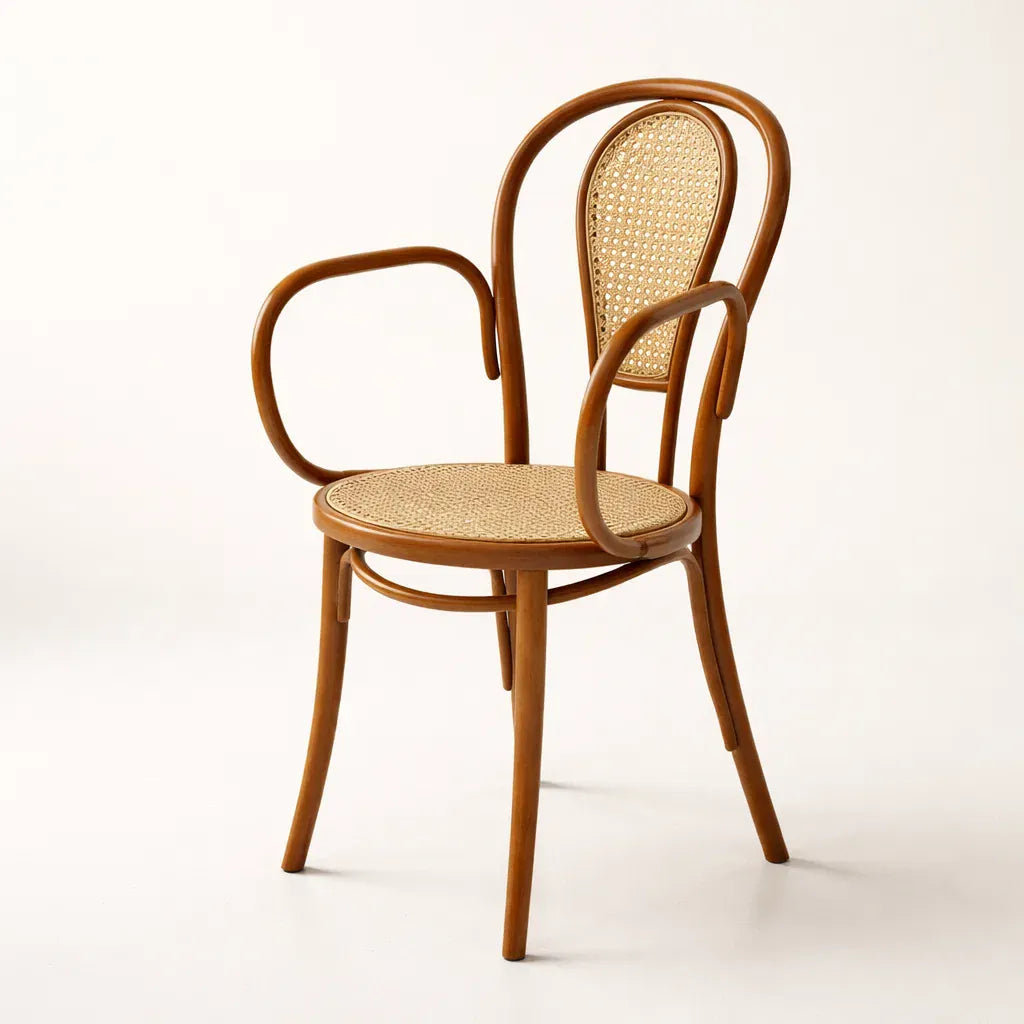 Lyon Armchair (CH18B-R) with Rattan Back Parisian Style Solid Wood American Beech Bentwood Dining Chair - Walnut/Oak/Black picket and rail