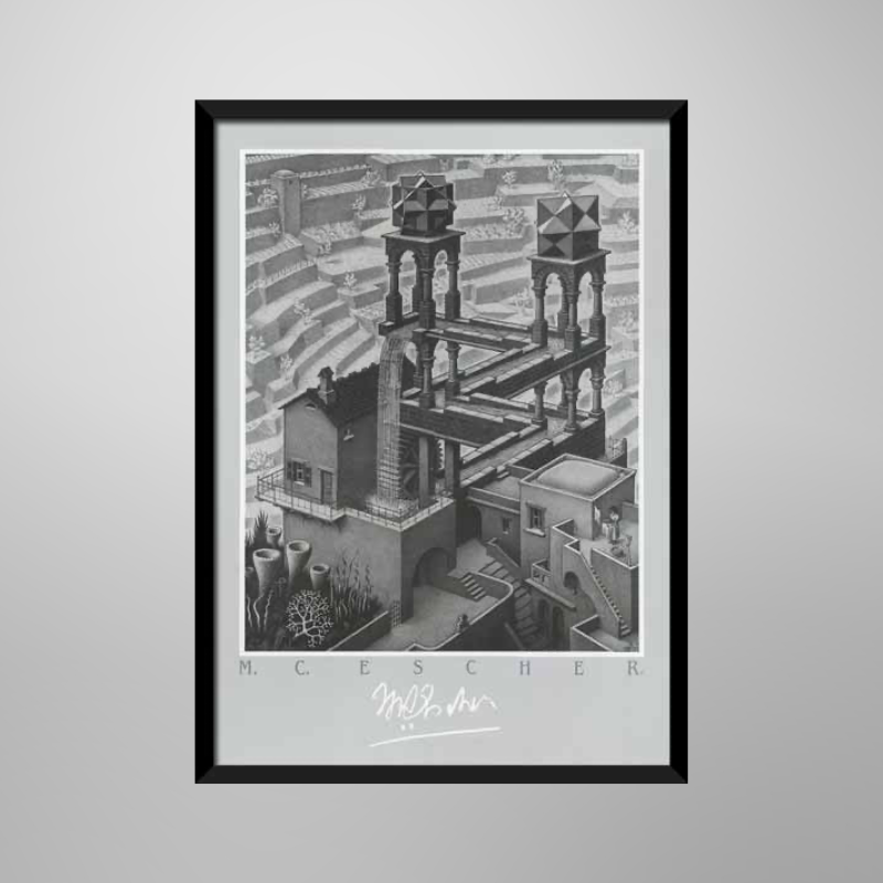M.C. Escher "Water Fall", 1961 | Licensed Art Print |Framed Art | Lithograph | Abstract picket and rail
