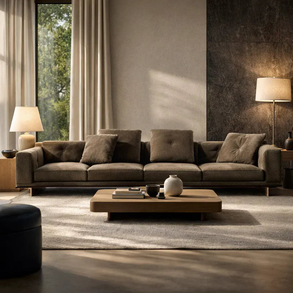 Marvik (SF12001)- Italian Minimalist Custom Sofa Bespoke in Leather & Fabric picket and rail