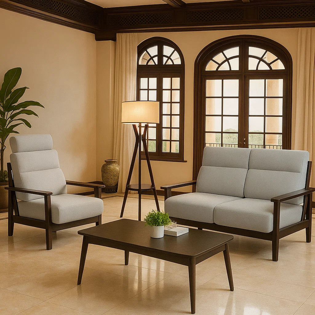 Nashville 3-Seater (Beverly Beige) Fabric-Upholstered Wooden Sofa picket and rail