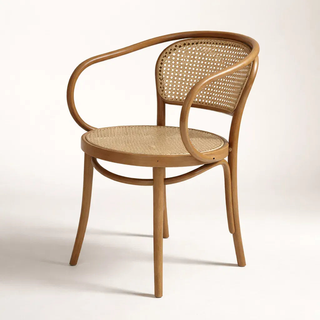 Prague Armchair (CH30B) with Rattan Back Central European Design Solid Wood American Beech Bentwood Dining Chair - Walnut/Oak/Black picket and rail