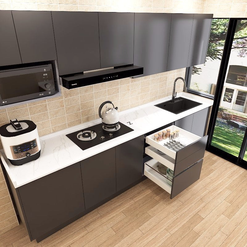 SCHMITT Airy Series SmartFit System 32ft Water Resistant Kitchen Cabinet - AIRY 2 picket and rail