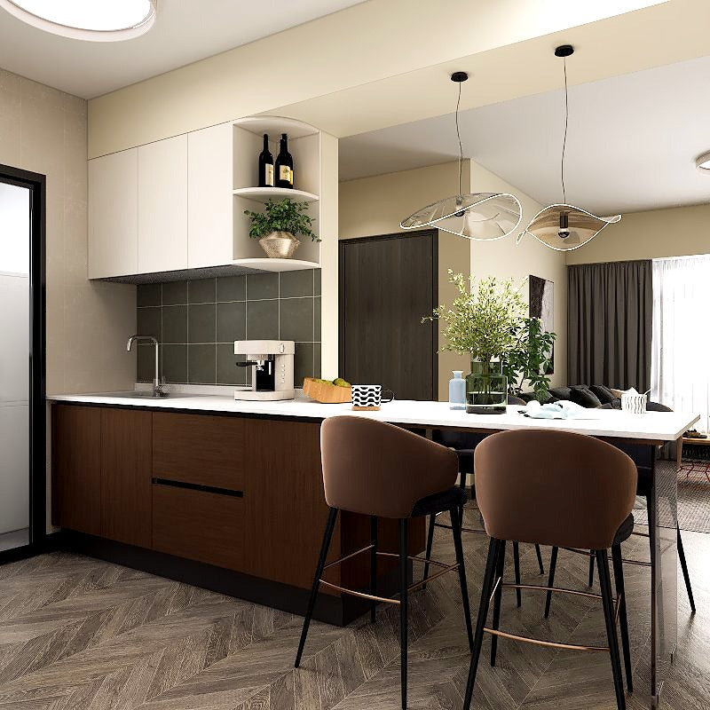 SCHMITT Flow Series SmartFit System 26ft Water Resistant Kitchen Cabinet with Dining Counter picket and rail