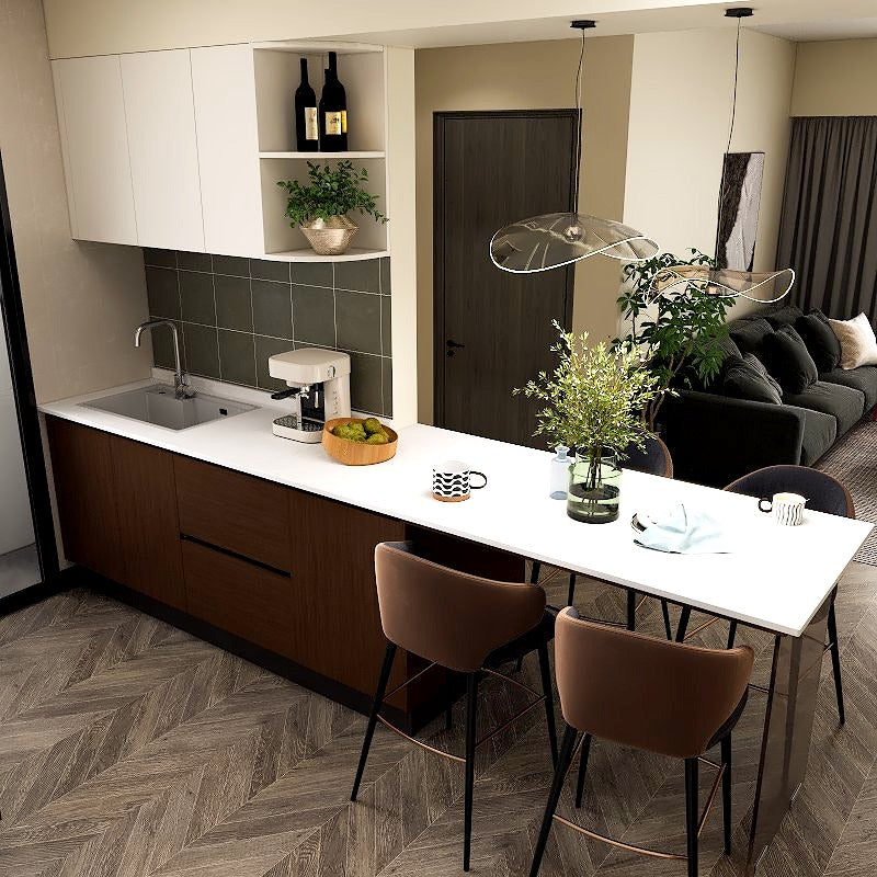 SCHMITT Flow Series SmartFit System 26ft Water Resistant Kitchen Cabinet with Dining Counter picket and rail