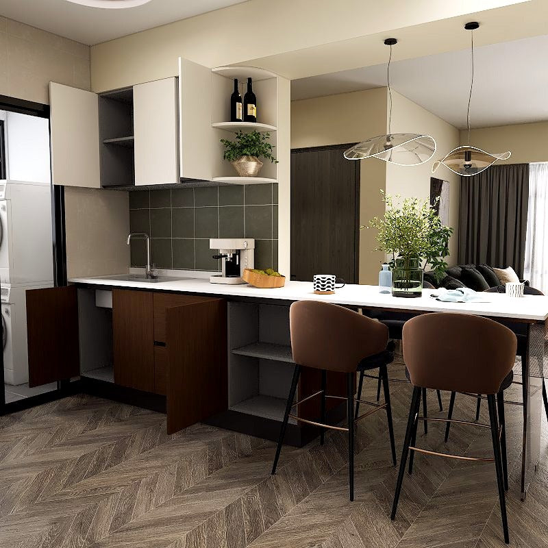 SCHMITT Flow Series SmartFit System 26ft Water Resistant Kitchen Cabinet with Dining Counter picket and rail