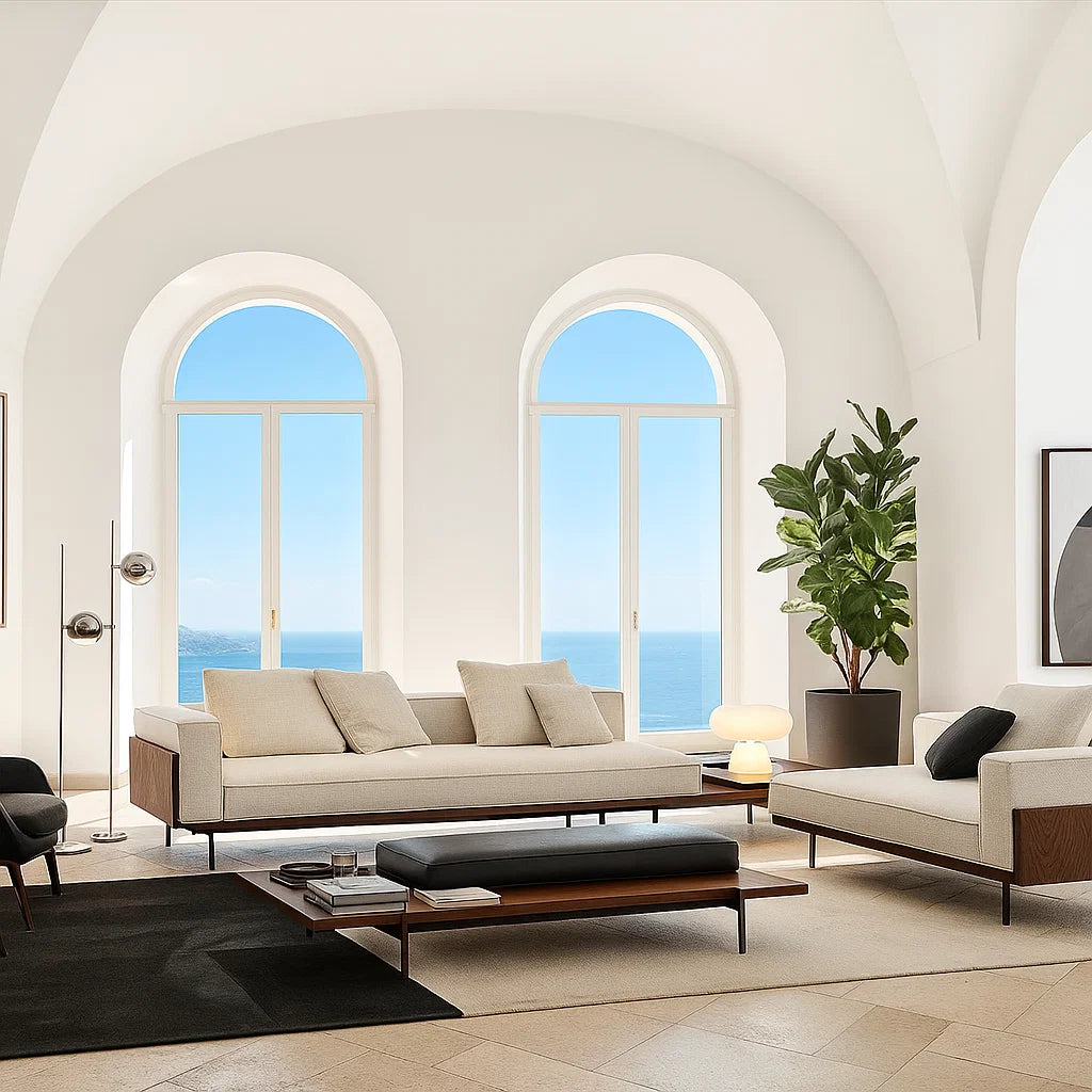 Serava (SF12011)- Italian Minimalist Custom Sofa Bespoke in Leather & Fabric picket and rail