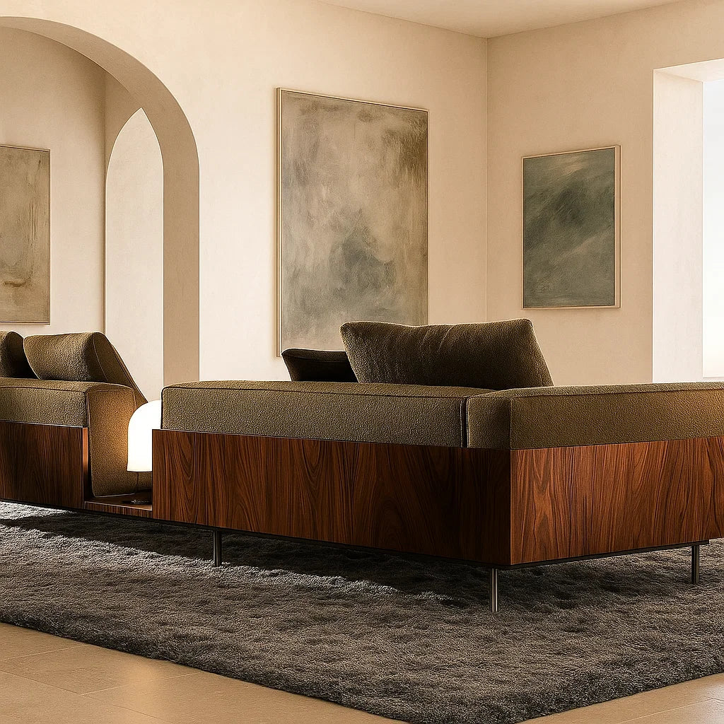 Serava (SF12011)- Italian Minimalist Custom Sofa Bespoke in Leather & Fabric picket and rail