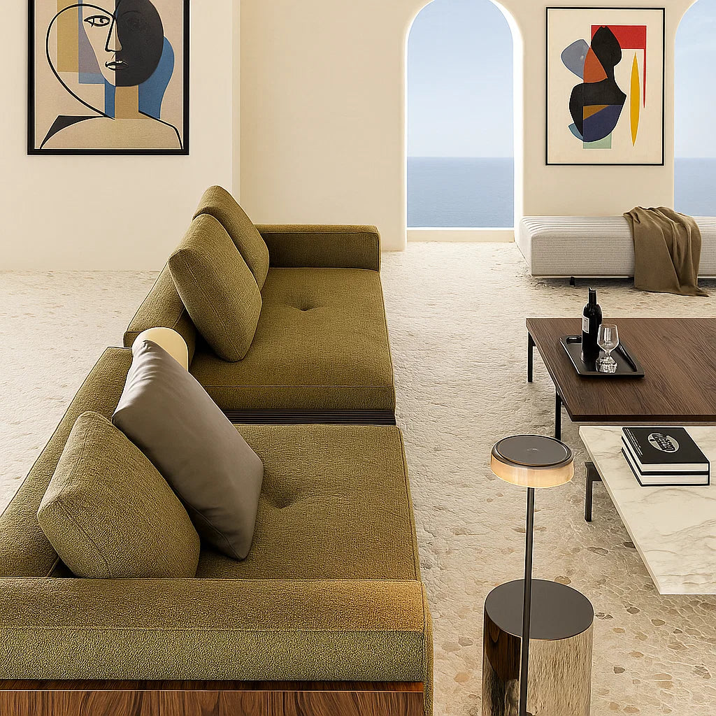 Serava (SF12011)- Italian Minimalist Custom Sofa Bespoke in Leather & Fabric picket and rail