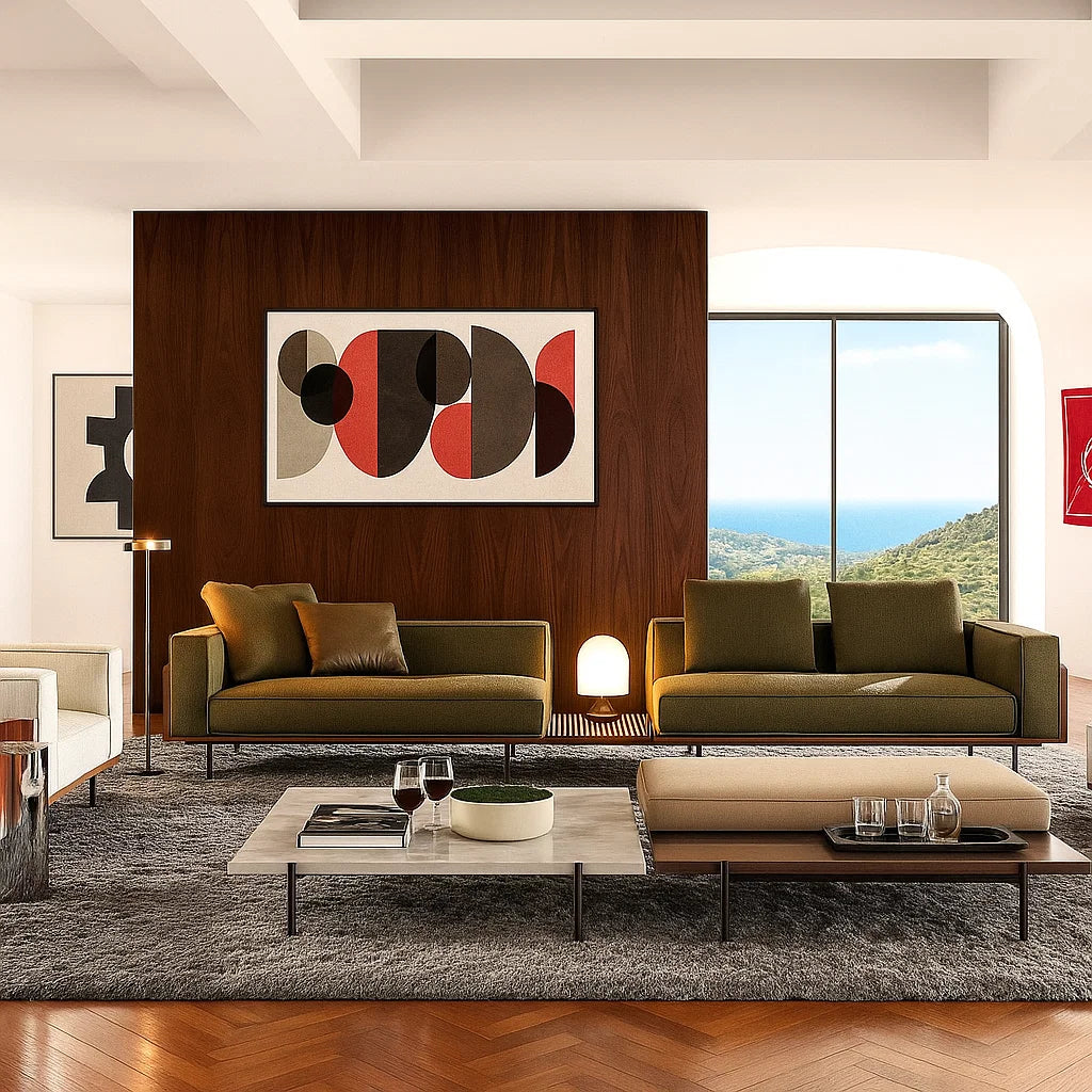 Serava (SF12011)- Italian Minimalist Custom Sofa Bespoke in Leather & Fabric picket and rail