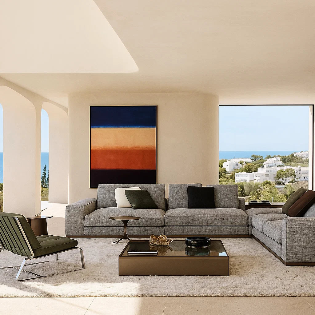 Strathen (SF12019) - Italian Minimalist Custom Sofa Bespoke in Leather & Fabric picket and rail