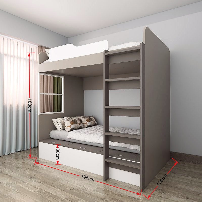 Super Single Size Bunk Bed Loft with Super Single Tatami Storage Bed - White & Grey picket and rail