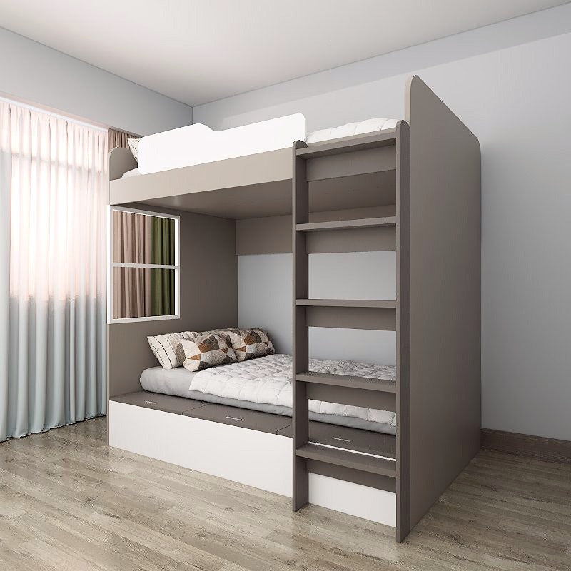 Super Single Size Bunk Bed Loft with Super Single Tatami Storage Bed - White & Grey picket and rail