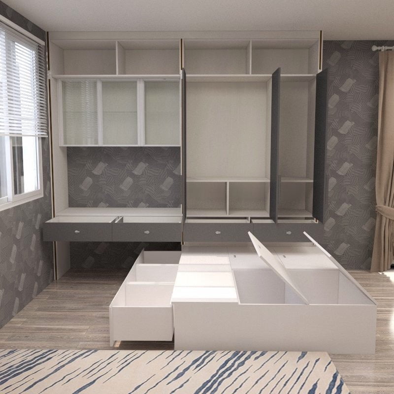 Tatami Queen Storage Bed 3-Drawer 4-Top Swing Door with Extended Full-Height Headboard with Integrated Study Desk (C4) picket and rail