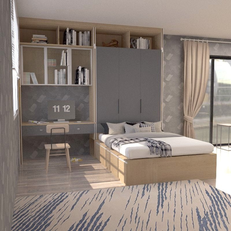 Tatami Queen Storage Bed 3-Drawer 4-Top Swing Door with Extended Full-Height Headboard with Integrated Study Desk (C4) picket and rail