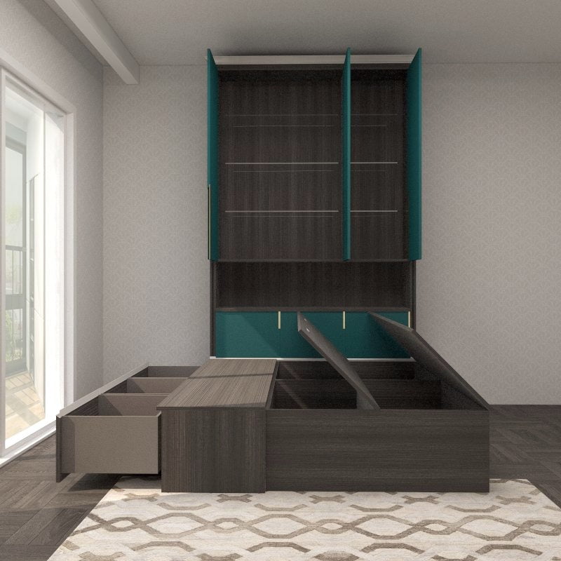 Tatami Queen Storage Bed 3-Drawer 4-Top Swing Door with Full-Height Multi-Storage Headboard (C16) picket and rail