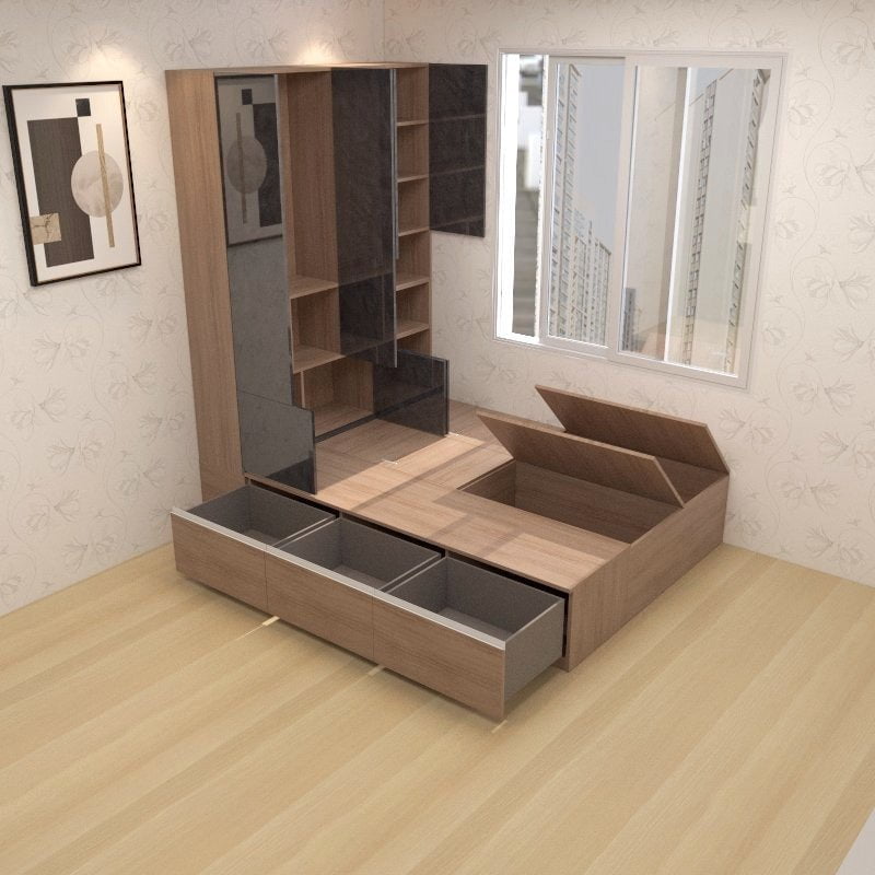 Tatami Queen Storage Bed 3-Drawer 4-Top Swing Door with Multi-Storage Full-Height Headboard (C10) picket and rail