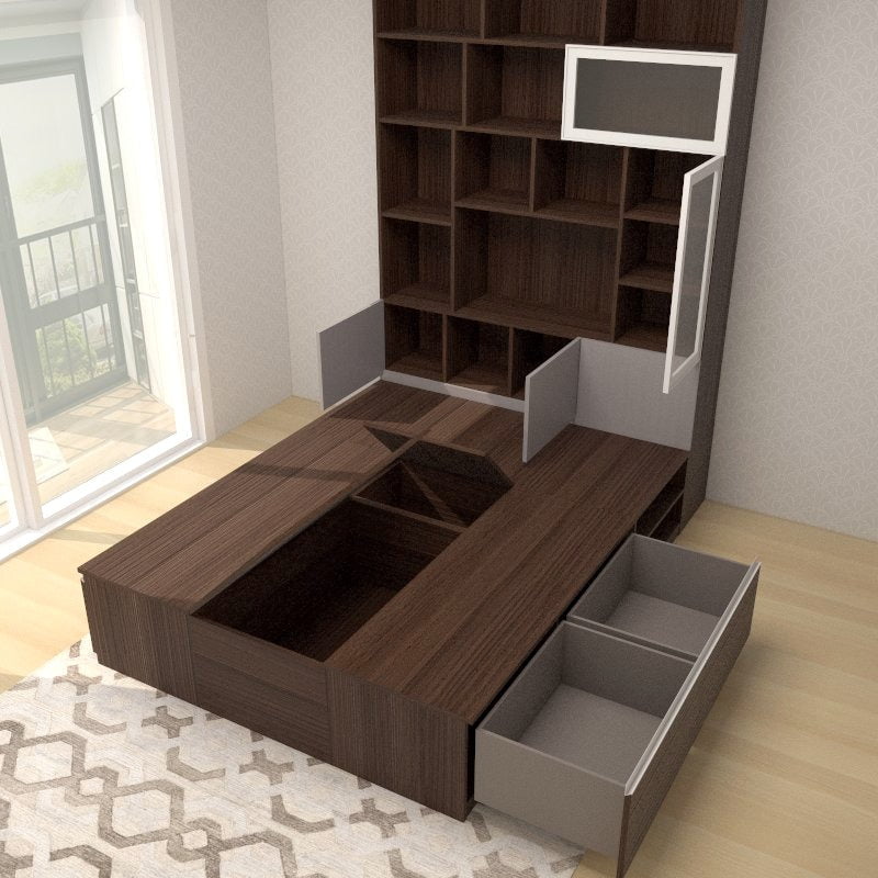 Tatami Queen Storage Bed 4-Drawer 2-Top Swing Door with Full-Height Multi-Compartment Storage Headboard (C20) picket and rail