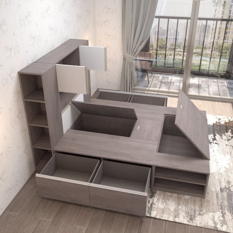 Tatami Queen Storage Bed 4-Drawer 3-Top Swing Door 4-Open Shelves with Multi-Storage Headboard (C26) picket and rail