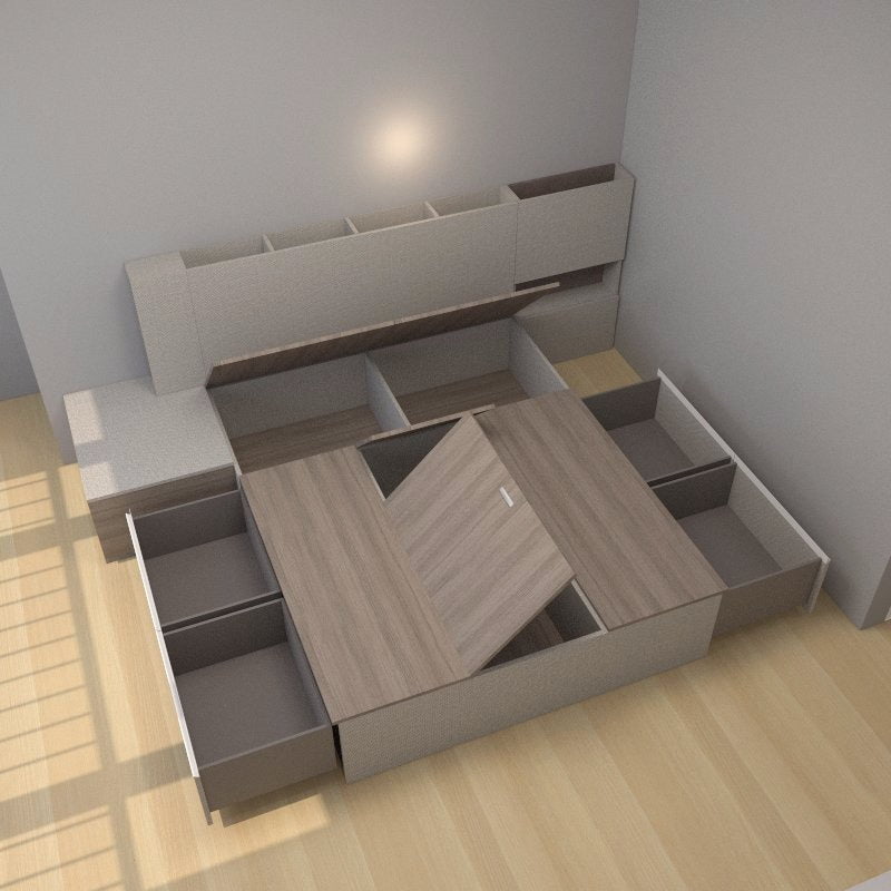 Tatami Queen Storage Bed 4-Drawer 3-Top Swing Door with Multi-Storage Headboard & Nightstand (C29) picket and rail