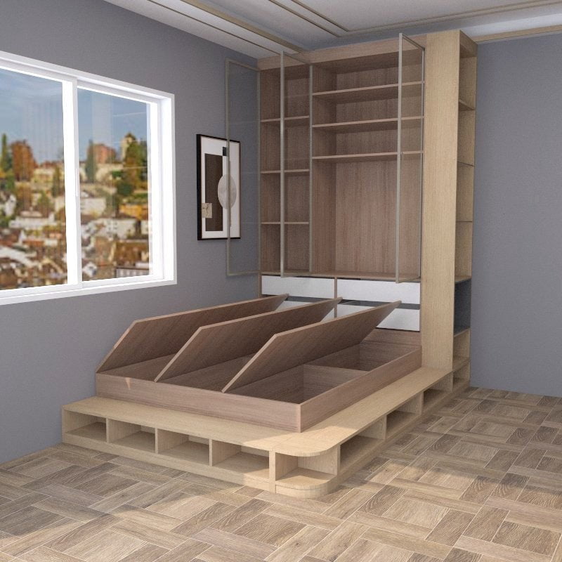 Tatami Queen Storage Bed 6-Top Swing Door with Full-Height Multi-Storage Cabinets (C12) picket and rail