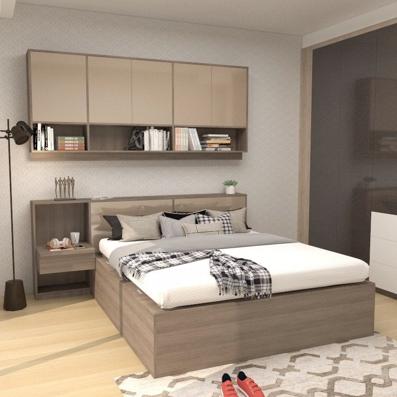 Tatami Queen Storage Bed 6-Top Swing Door with Multi-Compartment Headboard + 1-Drawer Nightstand & Hanging Wall Display Cabinets (C18) picket and rail