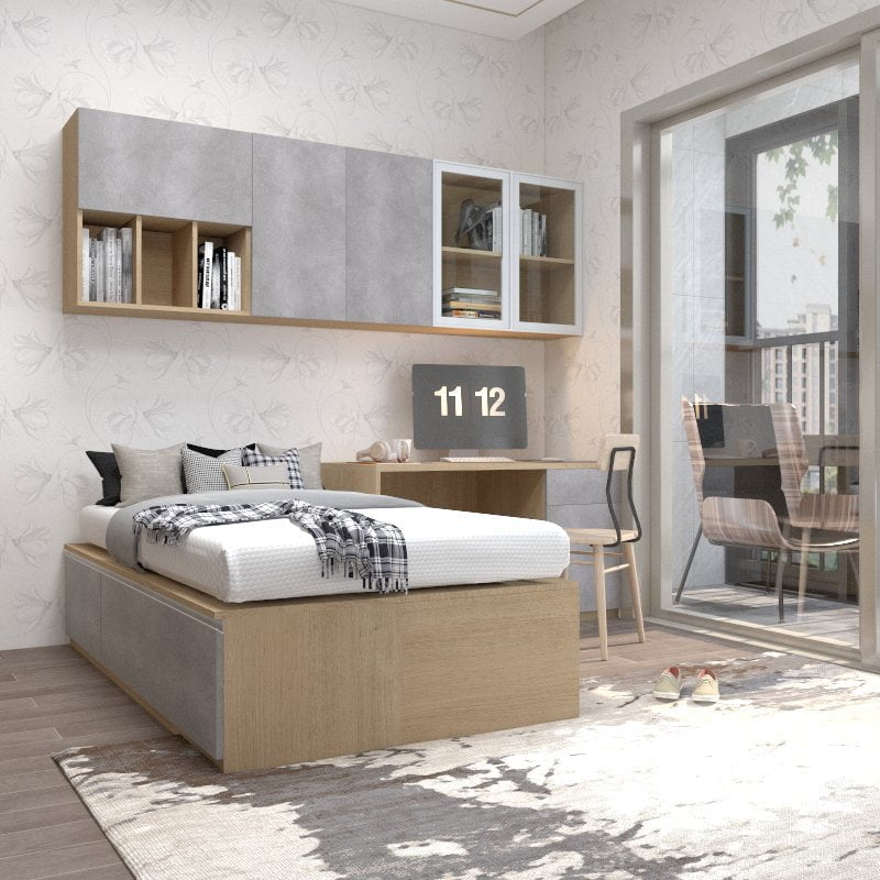 Tatami Single Storage Bed 3-Drawer 3-Top Swing Door with Extended Study Desk with Hanging Storage Cabinets (C27) picket and rail