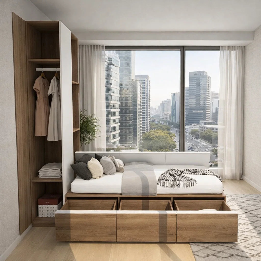 Tatami Single Storage Bed 3-Drawer 3-Top Swing Door with Full-Height Built-in Wardrobe Headboard (C19) picket and rail