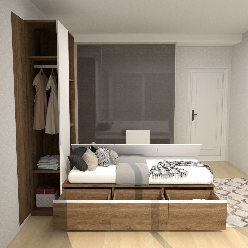 Tatami Single Storage Bed 3-Drawer 3-Top Swing Door with Full-Height Built-in Wardrobe Headboard (C19) picket and rail