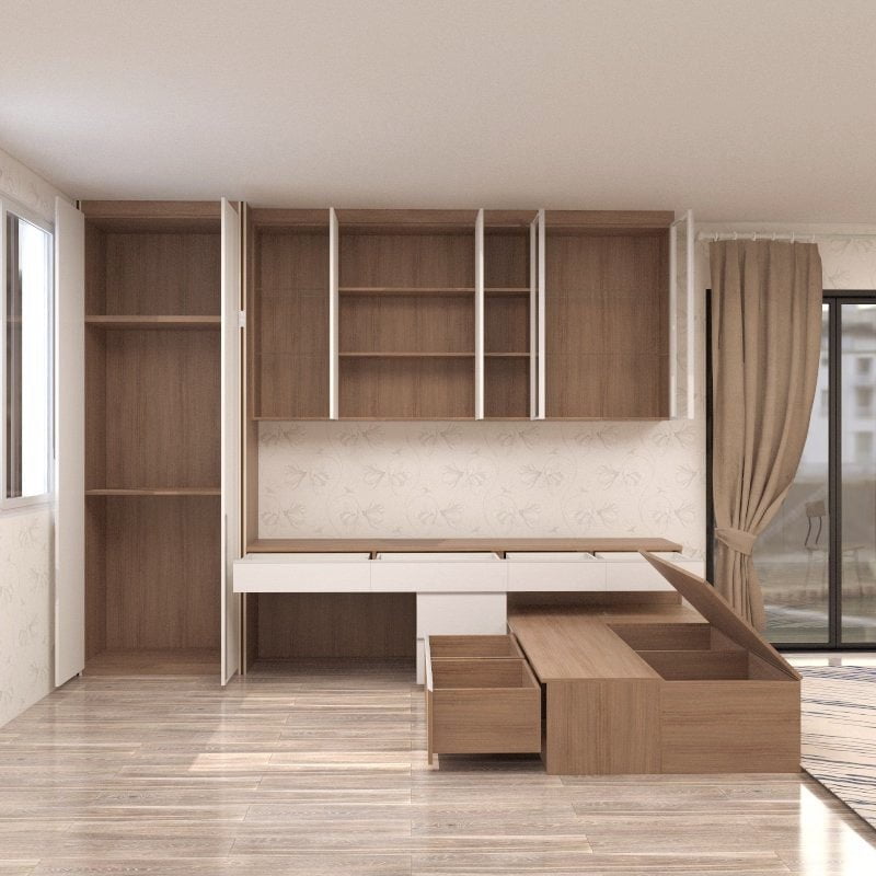 Tatami Single Storage Bed 3-Drawer 3-Top Swing Door with Full-Height Cabinetry Headboard & Display Cabinet (C6) picket and rail