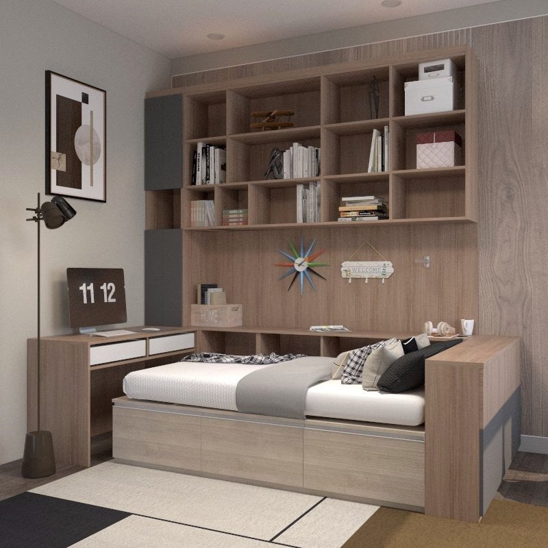 Tatami Single Storage Bed 3-Drawer 3-Top Swing Door with Full-Height Multi-Compartment Headboard & Integrated 2-Drawer Study Desk (C24) picket and rail