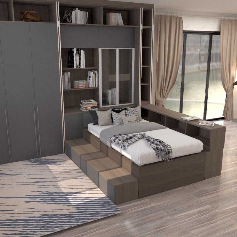 Tatami Single Storage Bed 3-Drawer 6-Top Swing Door with Extended Full-Height Cabinetry Headboard (C5) picket and rail