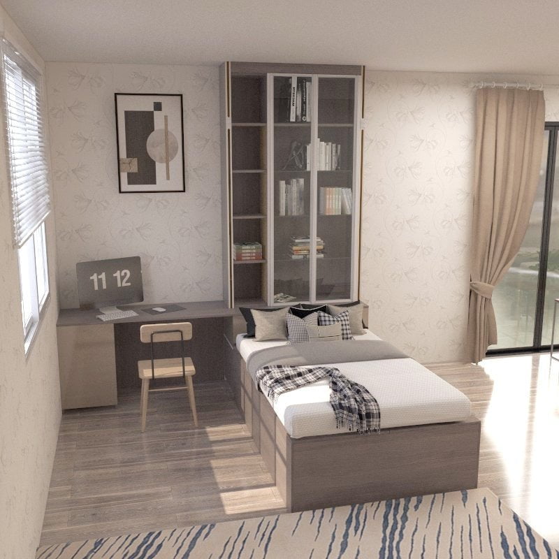 Tatami Single Storage Bed 4-Top Swing Door with Full-Height Multi-Storage Headboard & Study Desk (C3) picket and rail