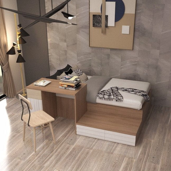 Tatami Single Storage Bed 6-Top Swing Door with 2-Drawer Step-Up Cabinet & Integrated Study Desk (C2) picket and rail