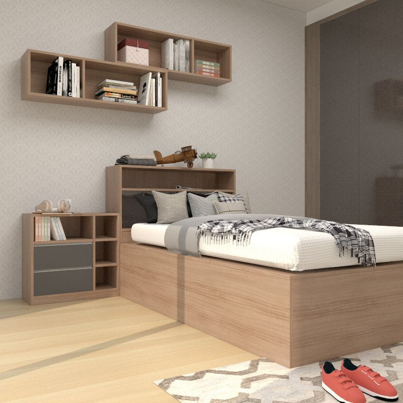 Tatami Single Storage Bed 6-Top Swing Door with Multi-Compartment Headboard & Top Hanging Display Shelves (C17) picket and rail