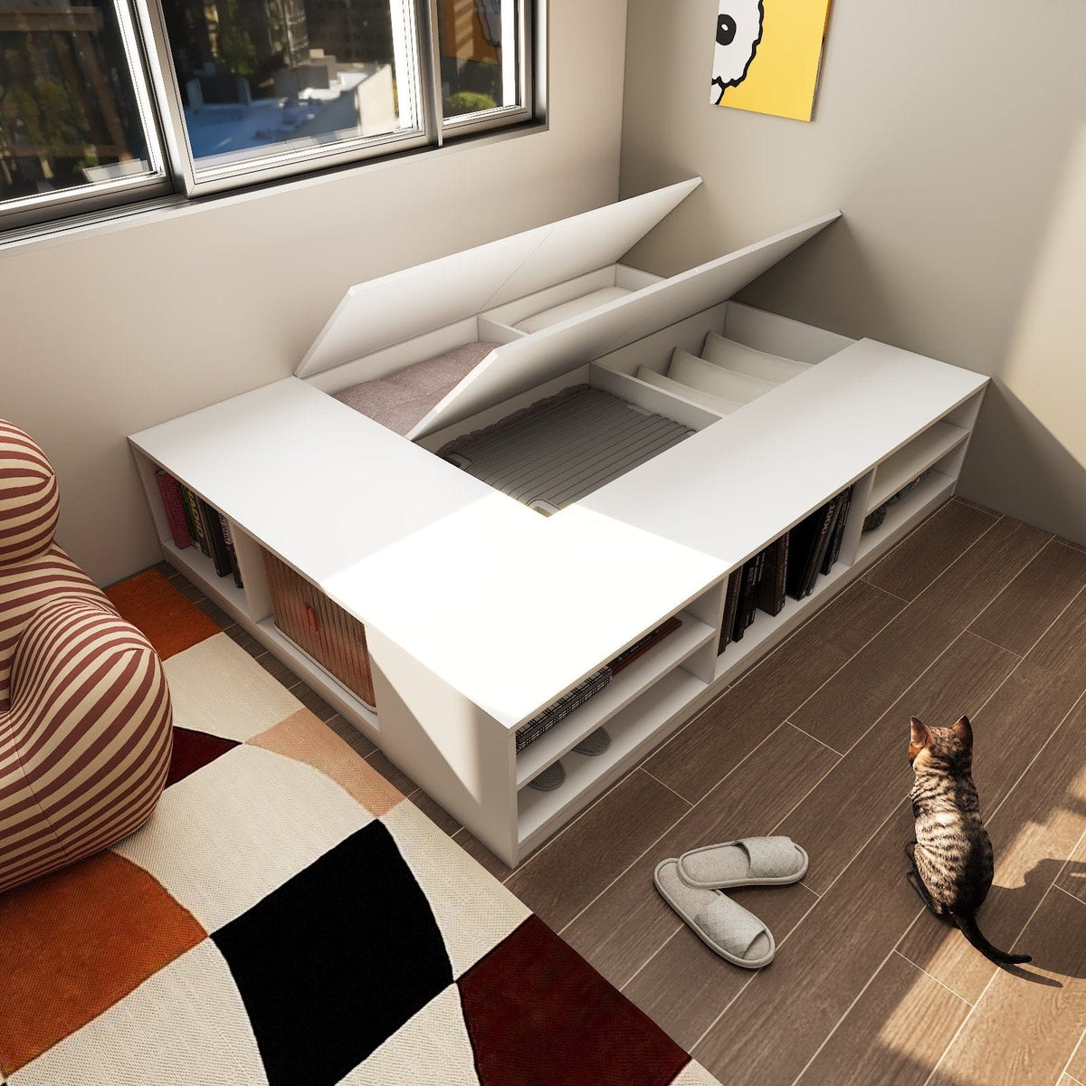 Tatami Storage® Platform Bed King Size 4-Top Swing Door 7-Open Shelves - Assorted Colors (TK7) picket and rail