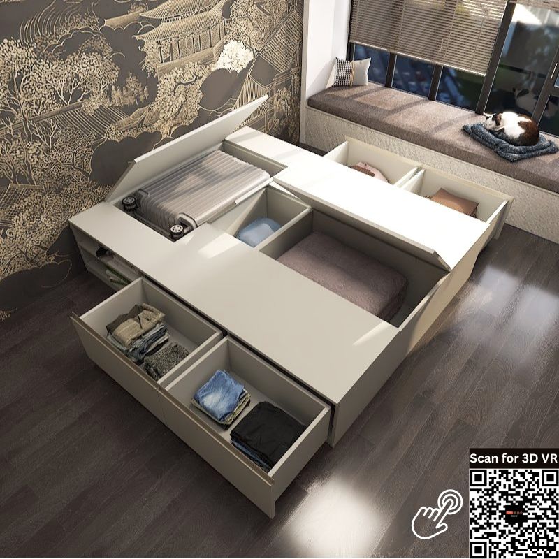 Tatami Storage® Platform Bed Queen Size 4-Drawer 4-Top Swing Door with Open Shelves - Assorted Colors (TQ3) picket and rail