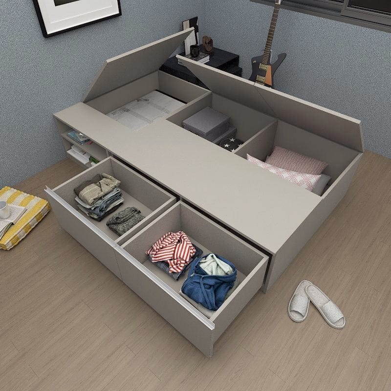 Tatami Storage® Platform Bed Super Single Size 2-Drawer 3-Top Swing Door 2-Open Shelves - Assorted Colors (TSS2) picket and rail