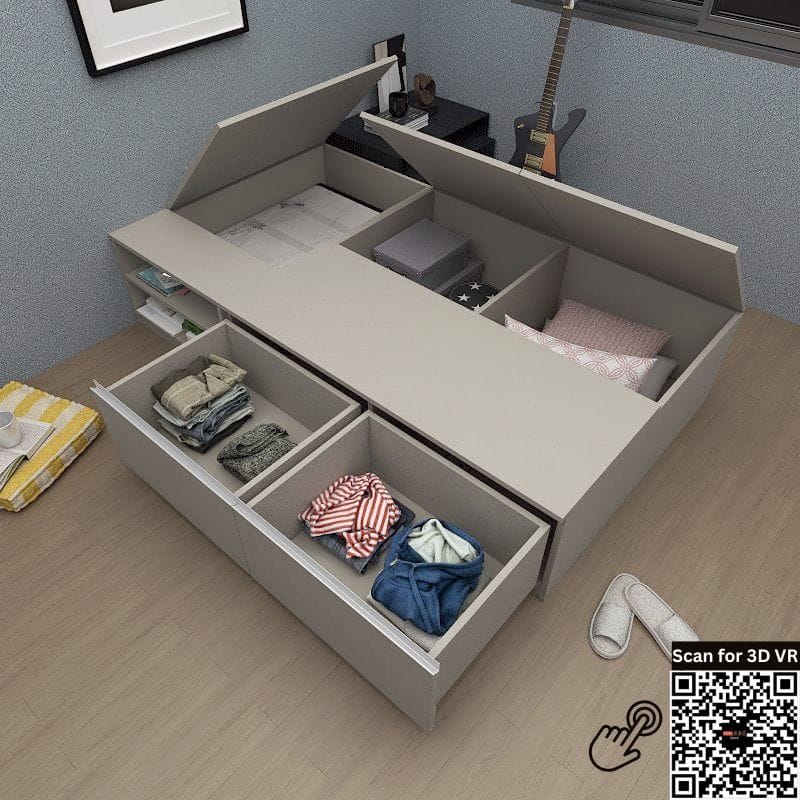 Tatami Storage® Platform Bed Super Single Size 2-Drawer 3-Top Swing Door 2-Open Shelves - Assorted Colors (TSS2) picket and rail