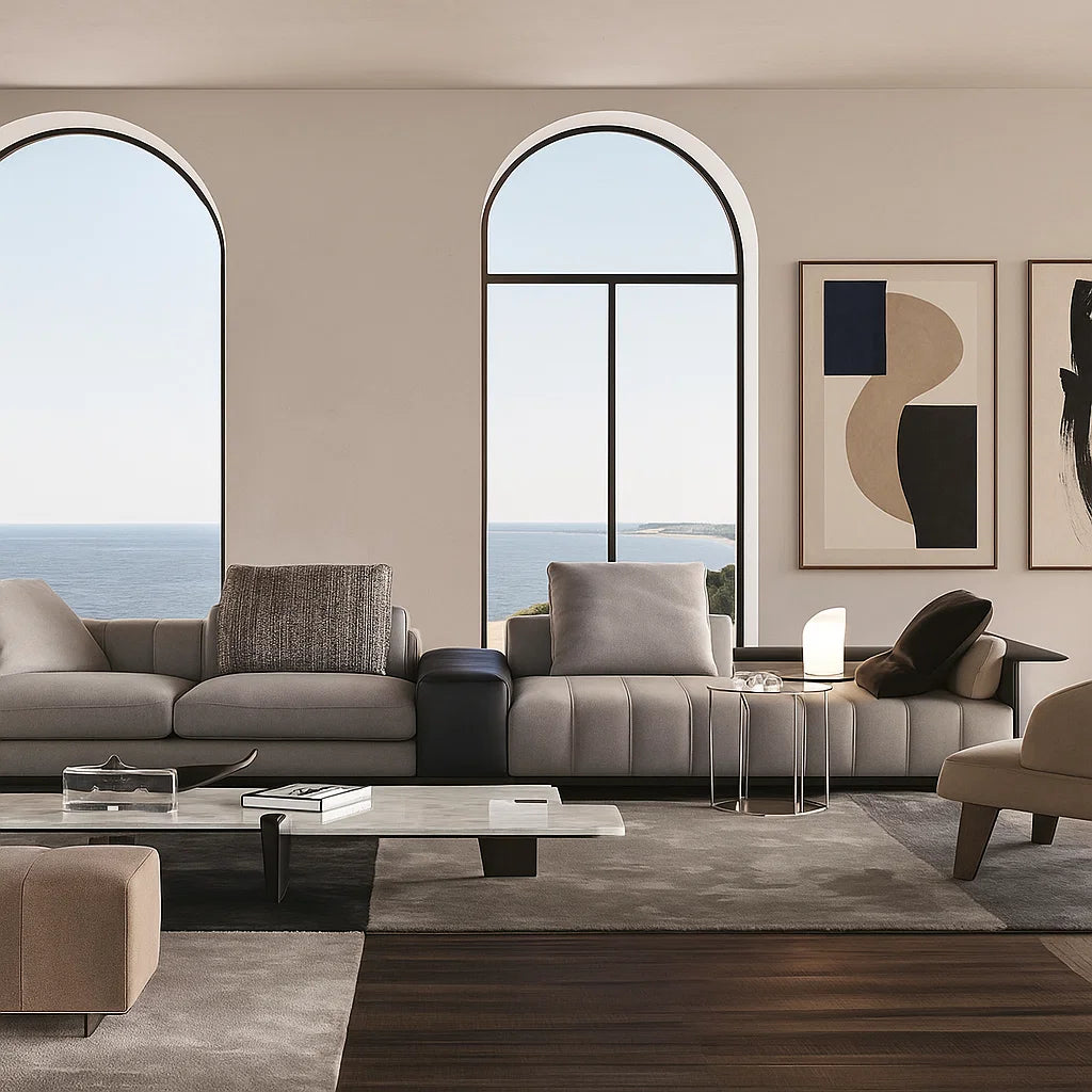 Trevan (SF12020) - Italian Minimalist Custom Sofa Bespoke in Leather & Fabric picket and rail